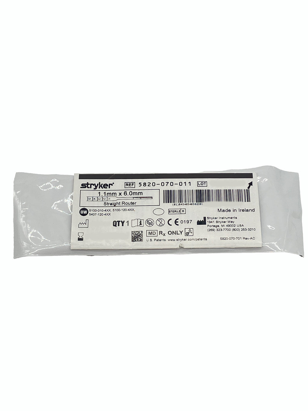 STRYKER STRAIGHT ROUTER, 1.1MM X 6MM #5820-070-011, Individual Packaging Front