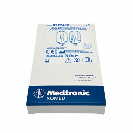 MEDTRONIC XOMED PAIRED SUBDERMAL ELECTRODES WITH SUBDERMAL GROUND ELECTRODE AND SUBDERMAL STIM RETURN, 2 CHANNEL #8227410, Box Front
