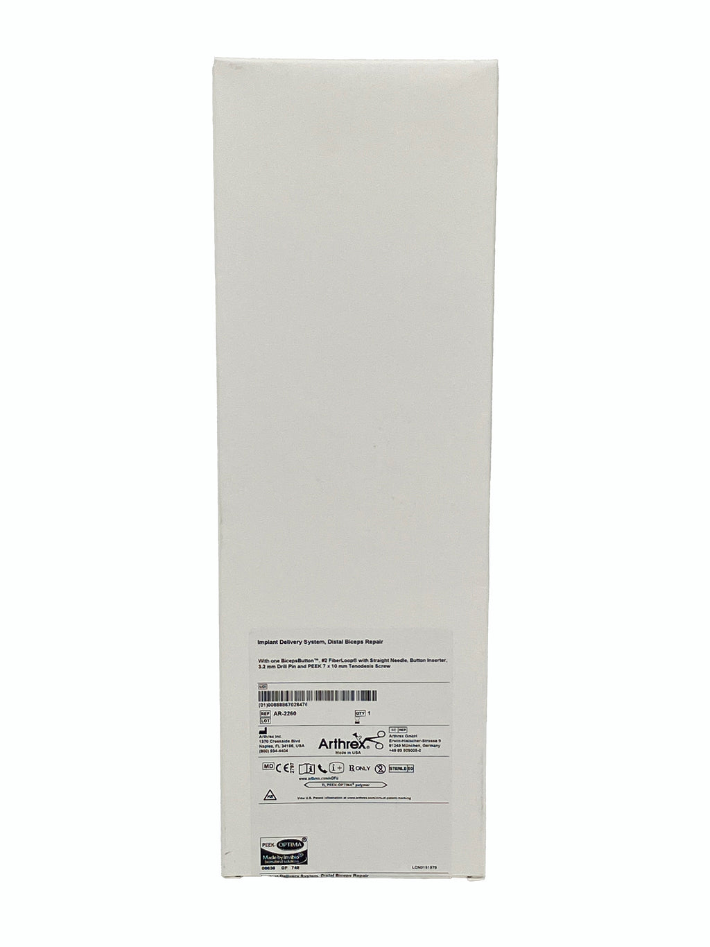ARTHREX AR-2260 IMPLANT DELIVERY SYSTEM, DISTAL BICEPS REPAIR KIIT, Box Front