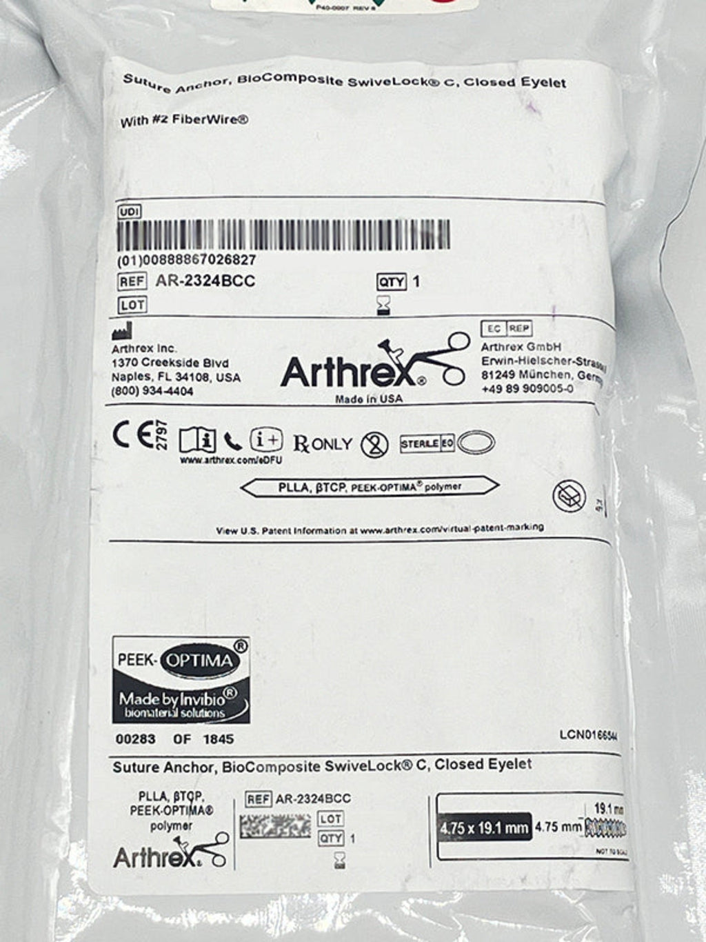ARTHREX AR-2324BCC SUTURE ANCHOR BIOCOMPOSITE SWIVELOCK C #AR-2324BCC, Label
