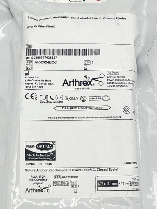 ARTHREX AR-2324BCC SUTURE ANCHOR BIOCOMPOSITE SWIVELOCK C #AR-2324BCC, Label