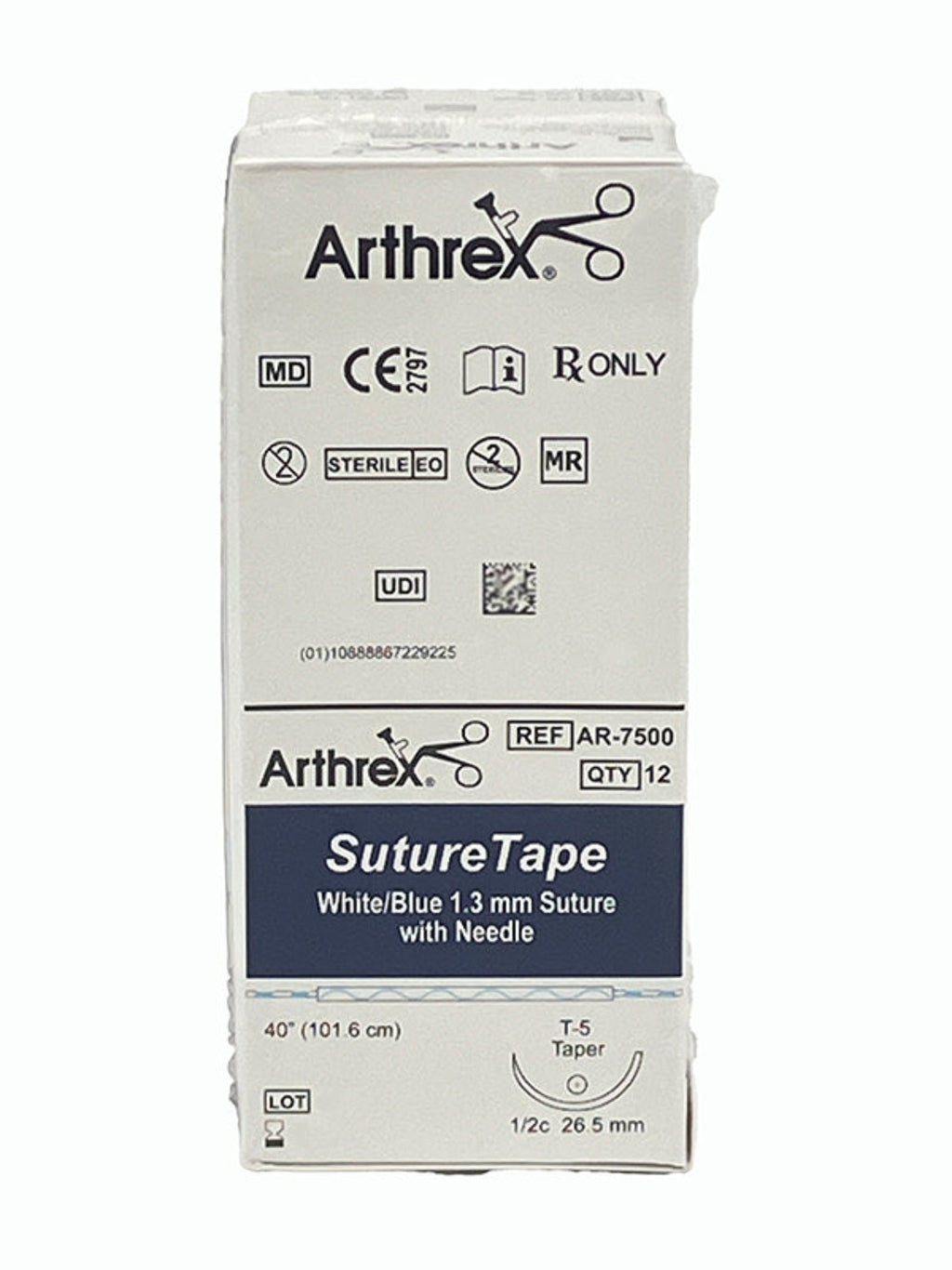 ARTHREX SUTURETAPE WHITE/BLUE 1.3MM, 40 INCH SUTURE W/T-5 TAPER NEEDLE #AR-7500, Box Front