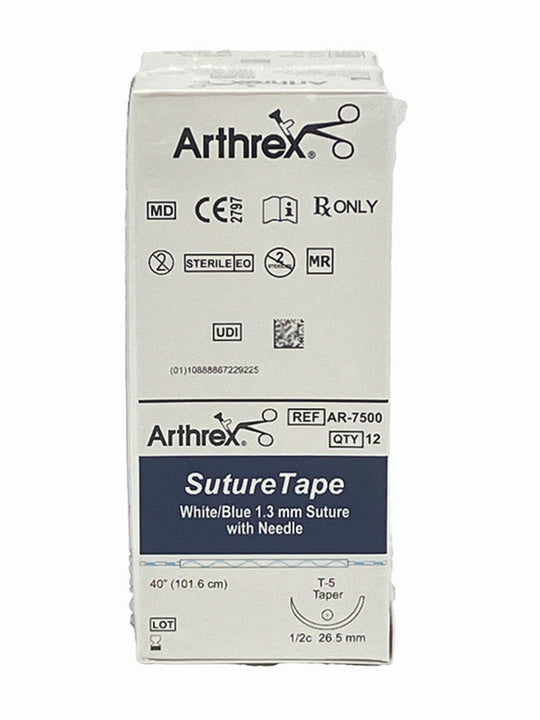 ARTHREX SUTURETAPE WHITE/BLUE 1.3MM, 40 INCH SUTURE W/T-5 TAPER NEEDLE #AR-7500, Box Front