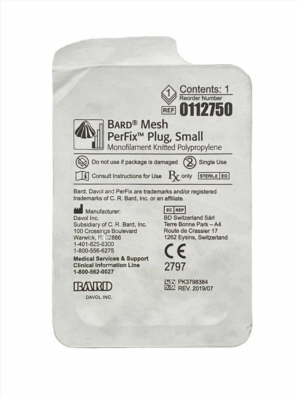 BARD 0112750 MESH PERFIX PLUG, SMALL, 1" x 1.35", Individual Packaging Front