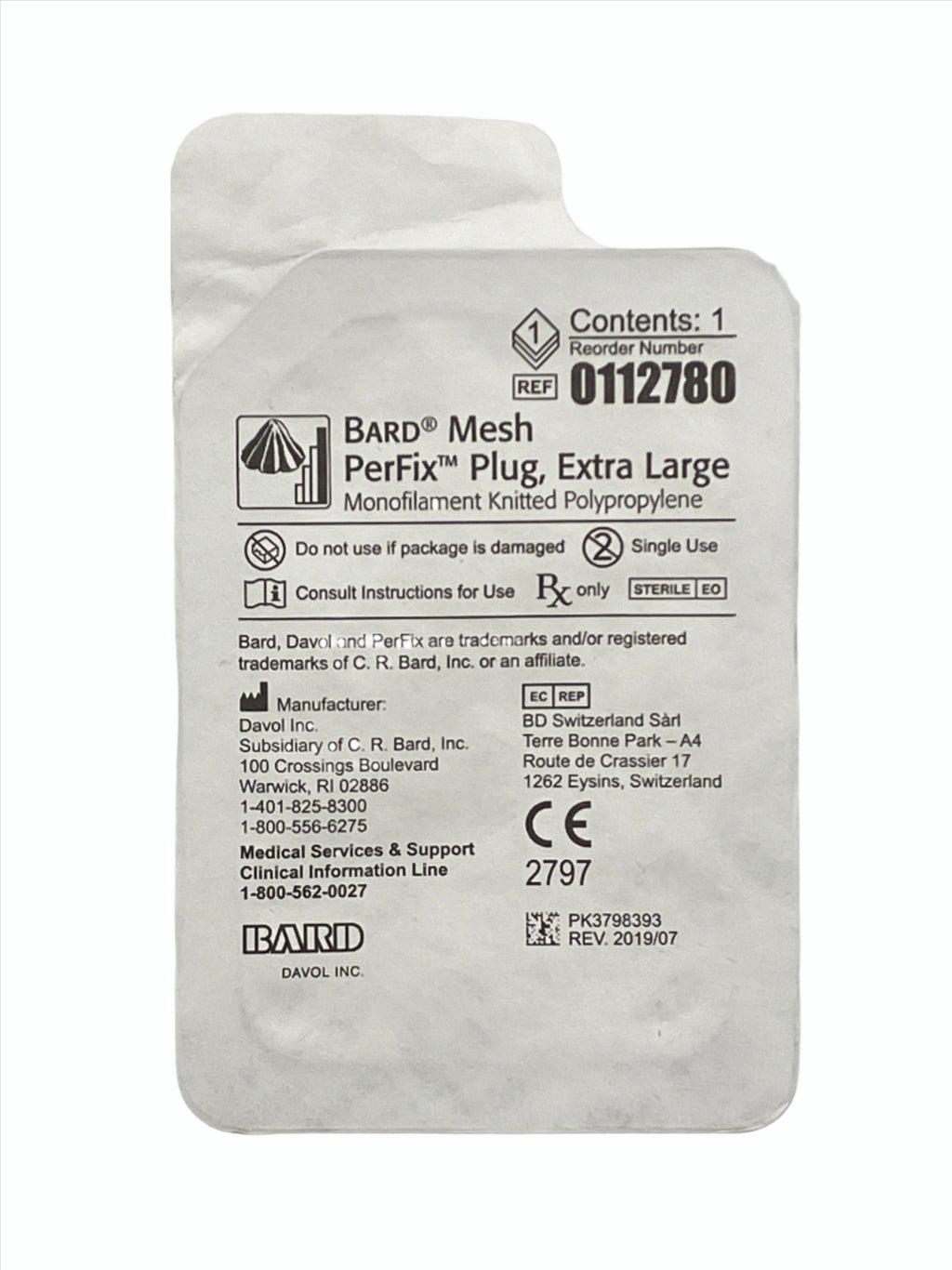 BARD DAVOL 0112780 EXTRA LARGE MESH PERFIX PLUG, 1.6" X 2" [EACH], Individual Packaging Front